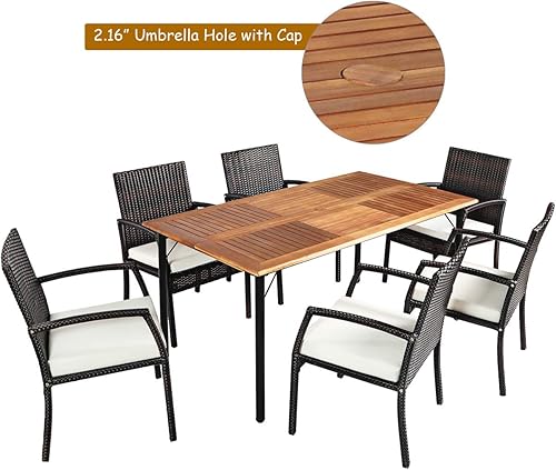 Miniatura 8 de Tangkula 7 Pieces Patio Dining Set, Acacia Wood Wicker Dining Furniture Set with Sturdy Steel Frame & Umbrella Hole, Outdoor Dining Table Chair Set