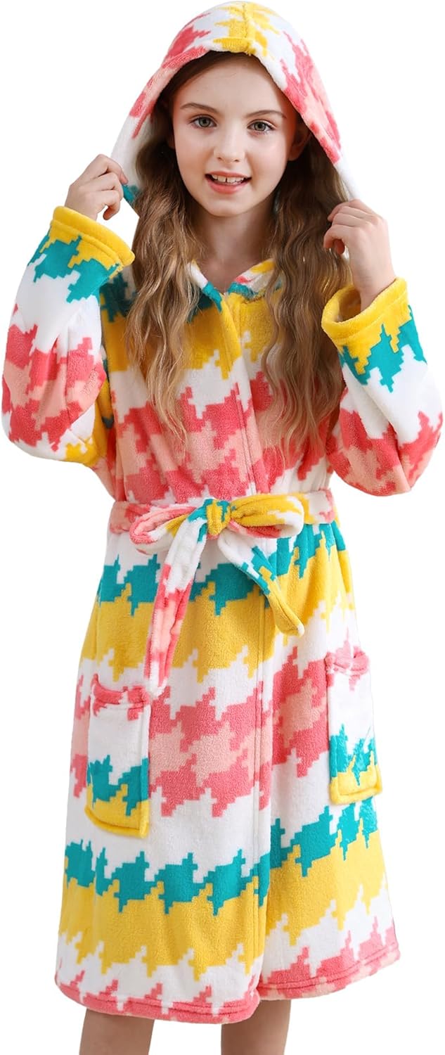 V.&GRIN Girls Fleece Hooded Robe, Kids Soft Plush Warm Printed Bathrobe Sleepwear Gifts for 5-14 Years