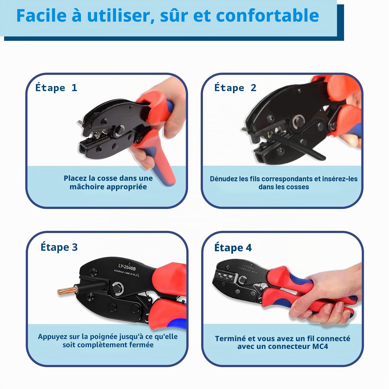 Outils de Sertissage Solaires pour câbles PV de 2,5/4/6 mm²,avec 1 Pince à Sertir,10 Paires connecteurs de câble,10 Paires de Connecteurs Mâle/Femelle et 2 Clé,pour Câble PV de Panneau Solaire