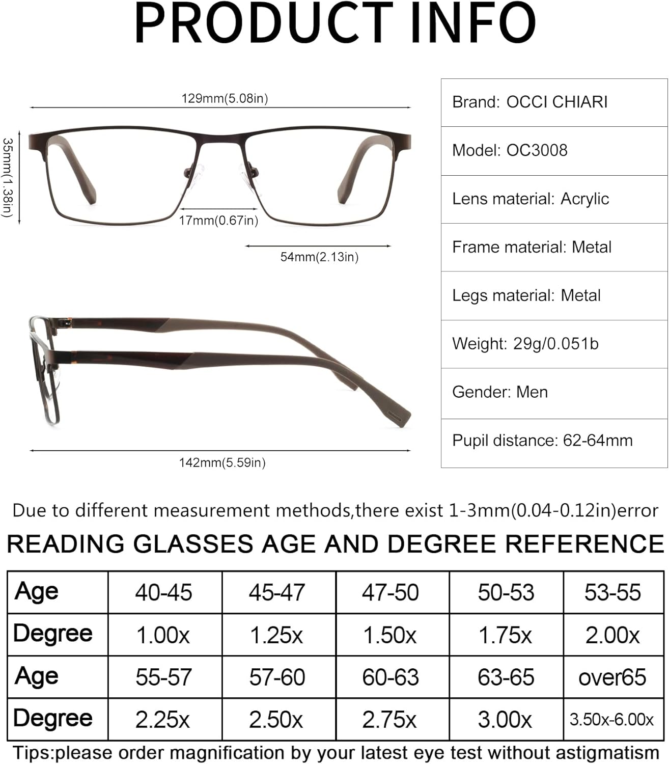 OCCI CHIARI Mens Rectangle Full-Rim Metal Black Non-prescription Clear Optical Glasses - Image 5