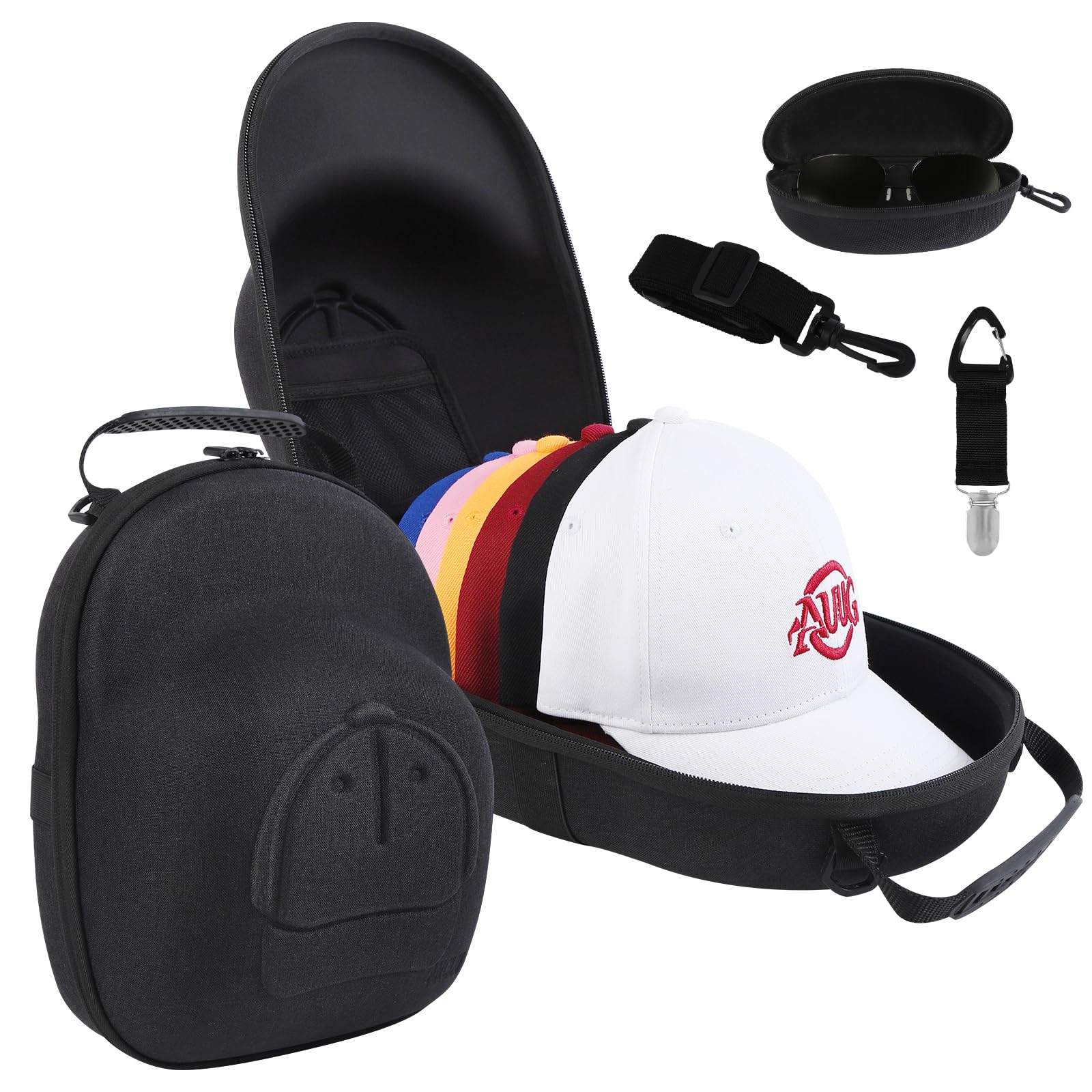 Hat Travel Case, Hard Hat Carrier Organizer with Clip & Glasses Storage, Holds 6 Baseball Caps for Home/Travel - Black