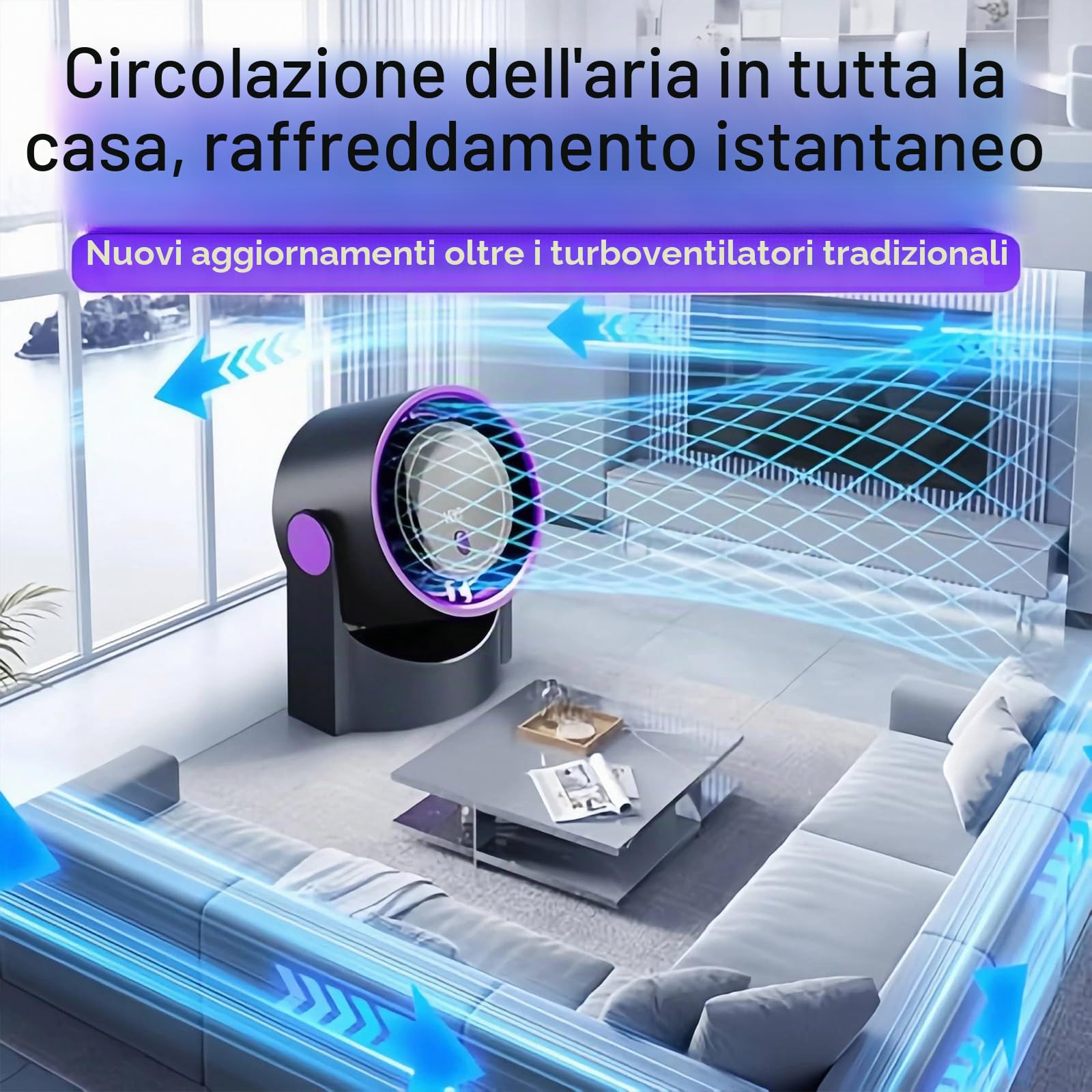 Ventilatore senza Pale, Silenzioso e da Parete con Display Digitale LED e 100 Velocità, Ventola di Circolazione Raffrescante, Ricaricabile, Ideale per Casa, Ufficio, Camera da Letto, Cucina