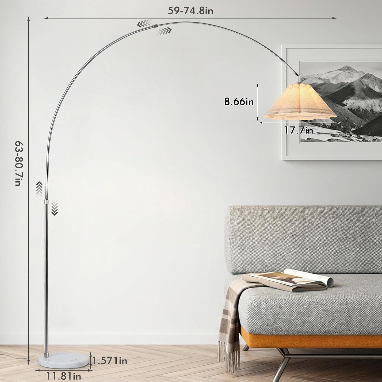 Large Arc Floor Lamp with Natural Marble Base - 81" Tall Adjustable Arched Standing Lamp, Chrome Stainless Steel Over the Couch Lamp, 18" Handmade Linen Flower Shade for Living Room & Sectionals