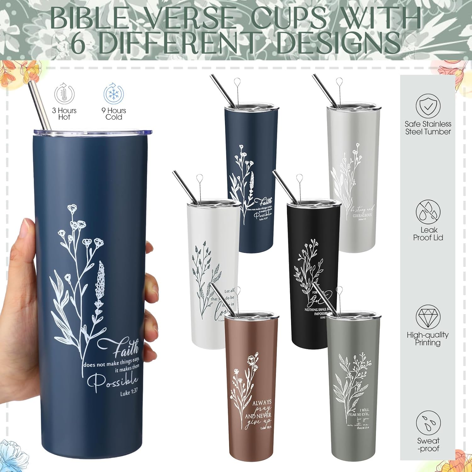 Fumete 6 Sets Easter Christian Gifts Set for Women 20 oz Bible Verse Cups with Lid and Straw Church Tumbler with Religious Cosmetic Bags Mirrors for Womens History Month Mother Nurse Teacher, Skinny