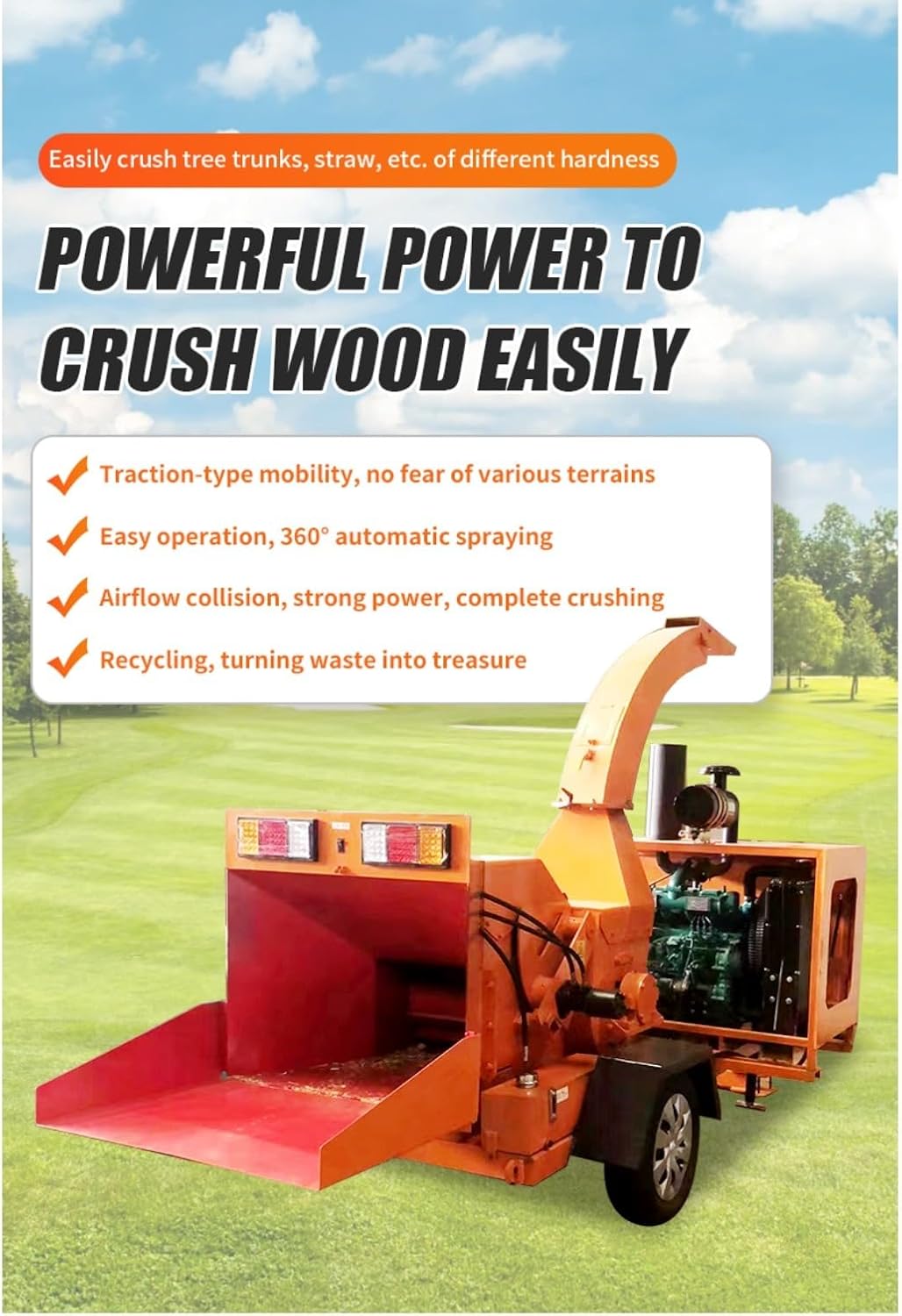 Towable Wood Chipper Shredder – Heavy Duty Garden Mulcher for Branches Twigs & Debris, Outdoor Yard Debris Reduction Machine for Landscapers Orchard Owners & Home Gardeners
