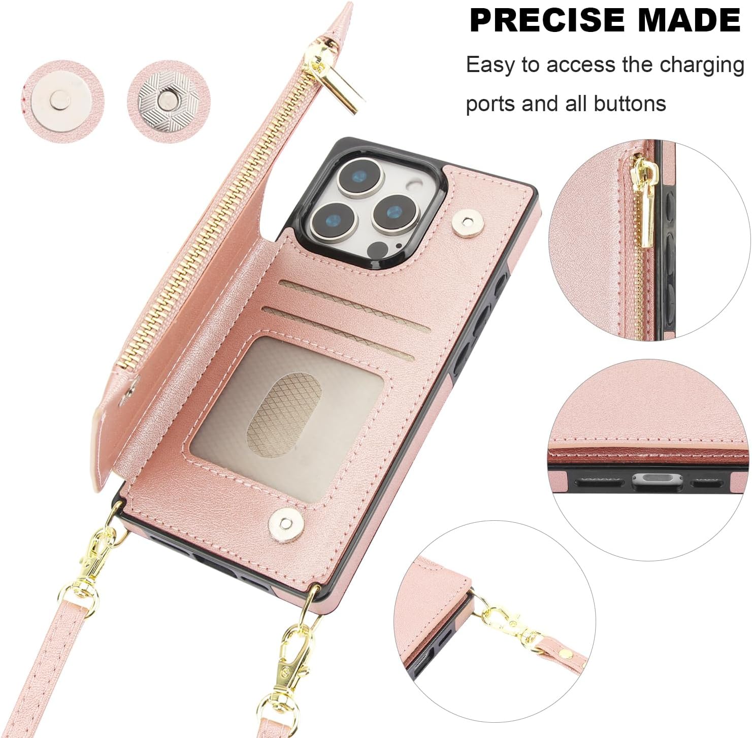 Bocasal Crossbody Wallet Case for iPhone 16 Pro with RFID Blocking Card Slot Holder, Magnetic Flip Folio Purse Case, PU Leather Zipper Handbag with Detachable Lanyard Strap 6.3 Inch 5G (Rose Gold)