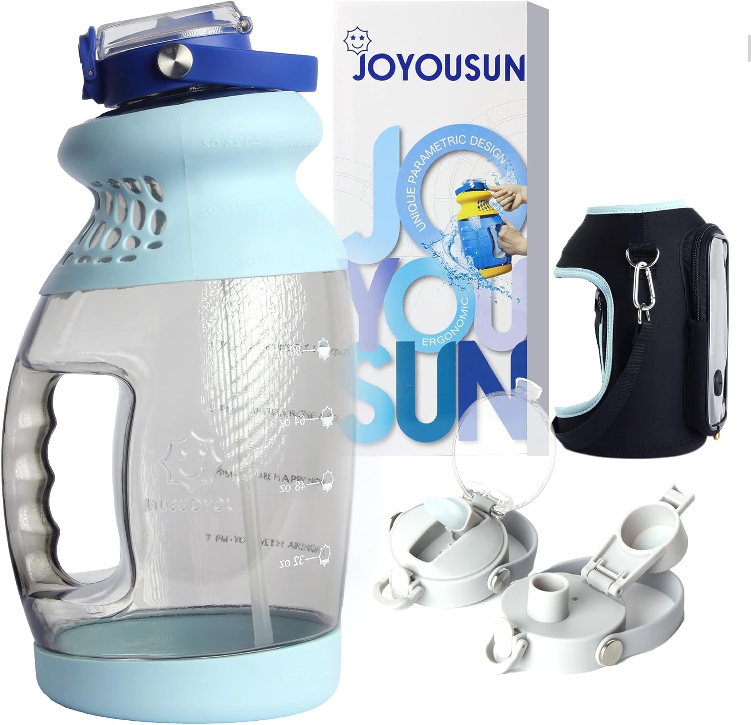 Large 1 Gallon Water Bottle/Jug with Time Marker, Straw & Sleeve – BPA-Free Tritan, Dishwasher Safe, Motivational Quotes, for Gym & Sports (128 oz) – USA Joyous Sun (Blue)