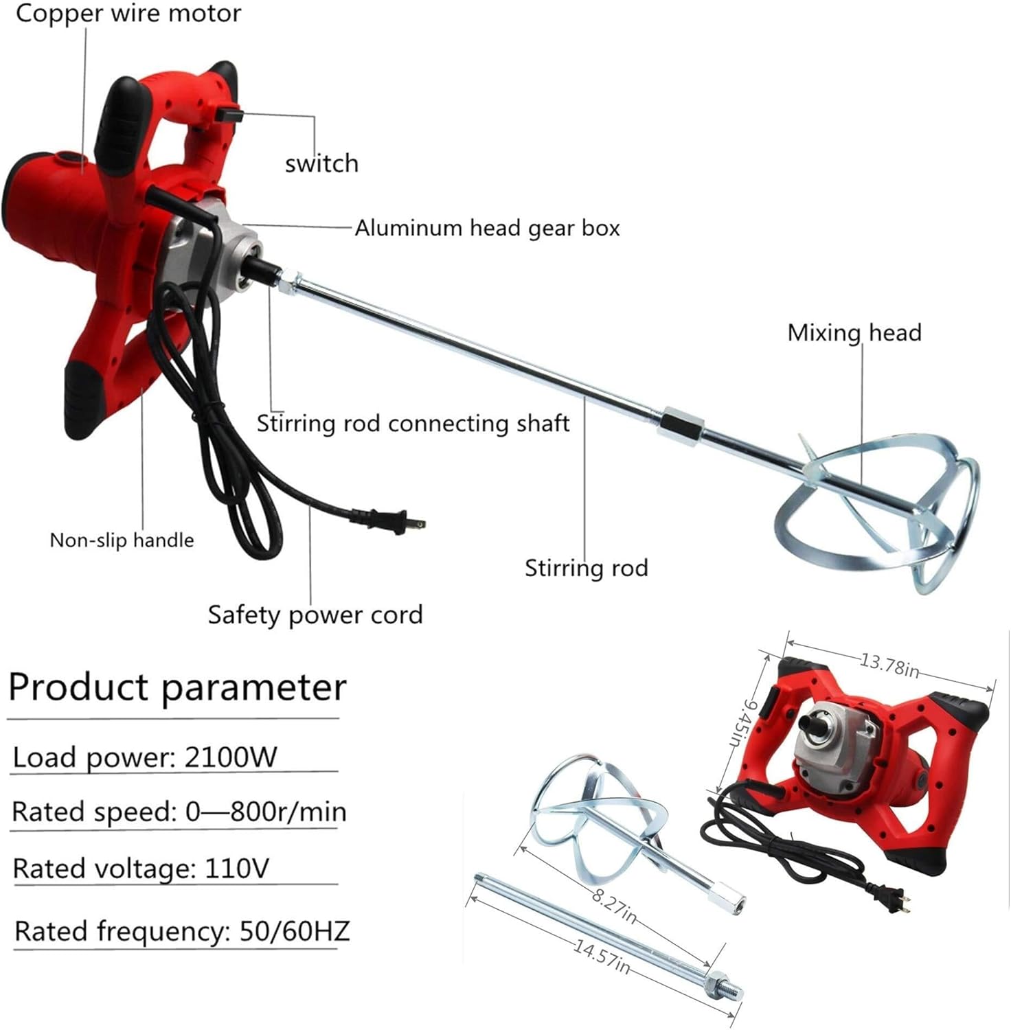 Electric Cement Mixer,2100W Portable Handheld Paddle Concrete Drill Mixer,Paint Stirring Machine with 6 Adjustable Speed,for Mixing Grouting/Paint/Mortar/Slurry/Paint