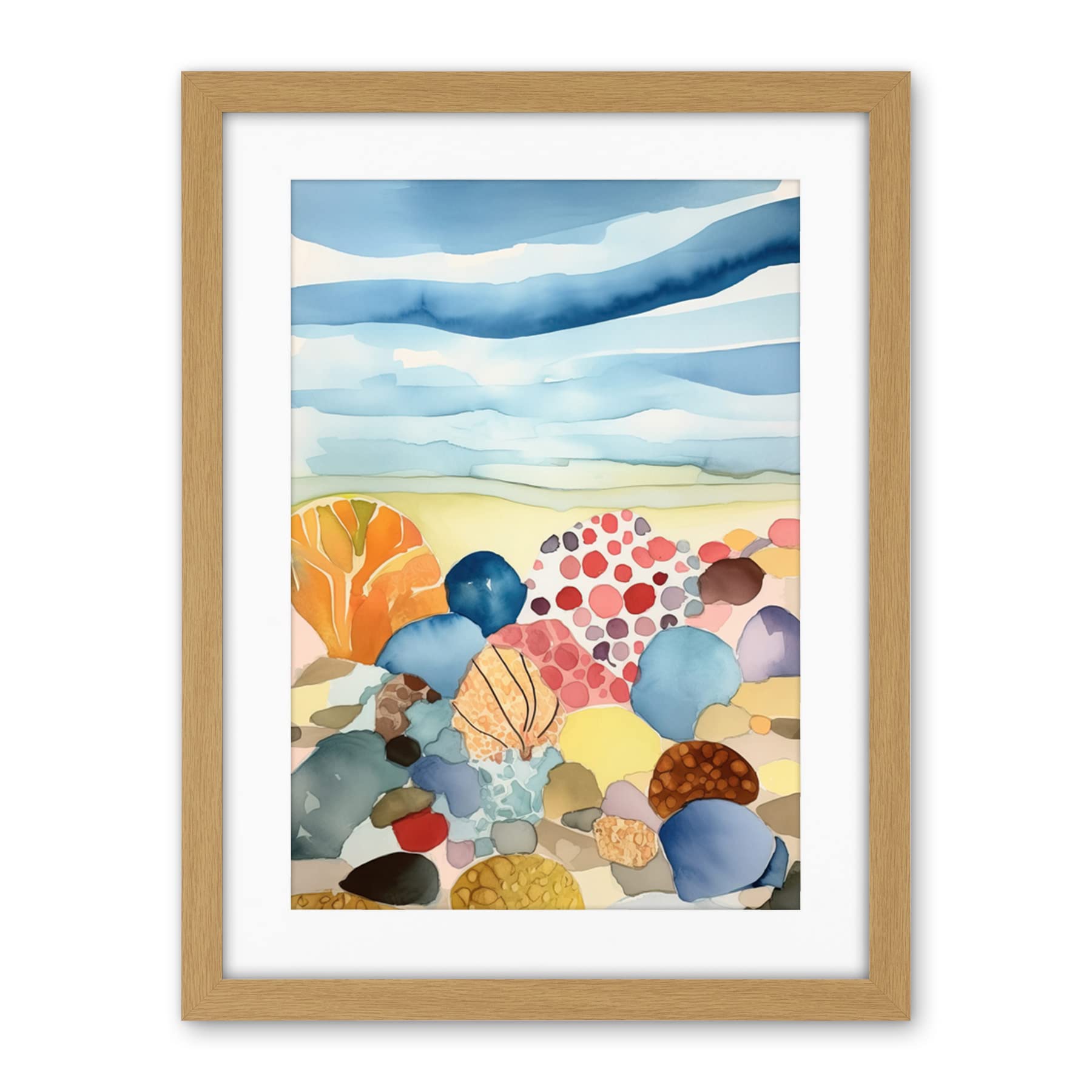 Artery8 Seaside Beachcombing Colourful Seashells And Beach Pebbles Watercolour Painting Artwork Framed Wall Art Print 18X24 Inch