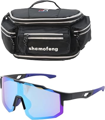 Motorcycle Waist Bag Fanny Pack and Riding Glasses For Men Women Hip Bum Bag with Multi-Pockets Large Capacity Casual Bum Bag for Cycling Hiking Running, Black