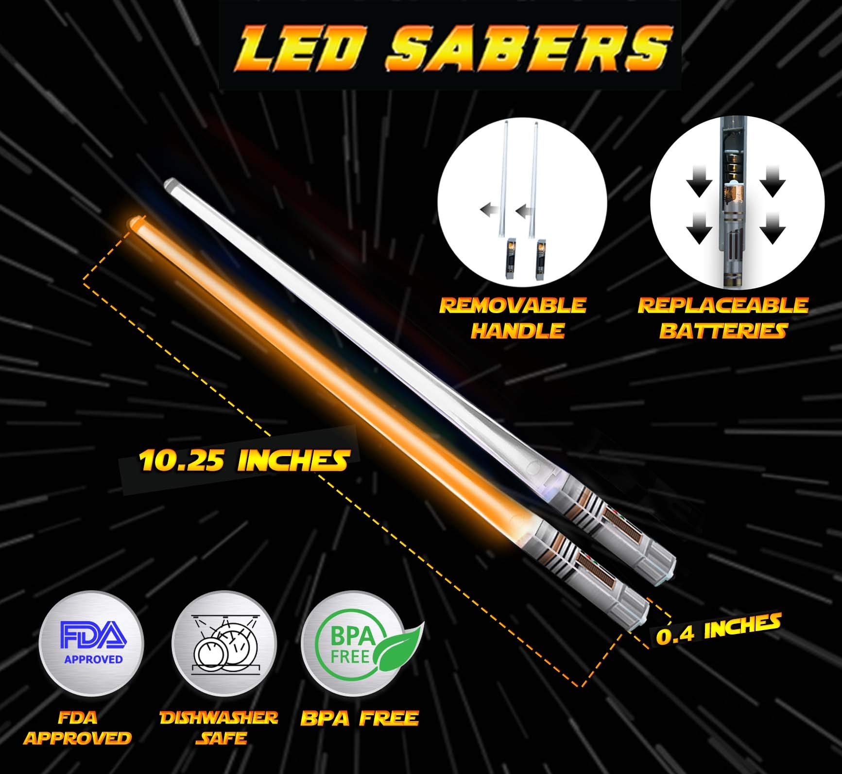 LIGHTSABER CHOPSTICKS LIGHT UP STAR WARS LED Glowing Light Saber Chop Sticks REUSABLE Sushi Lightup Sabers - Removable Handle Dishwasher Safe - Premium GIFT BOX & CARRY CASE Included - ORANGE 1 PAIR — Amazon image 5