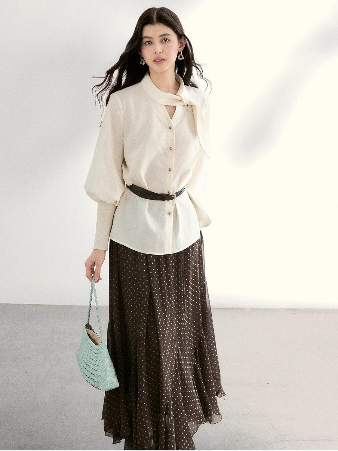 Women's Tie Neck Shirts Spring Hollow-Out Knitted Puff Sleeve Tops Casual Office Shirt for Ladies