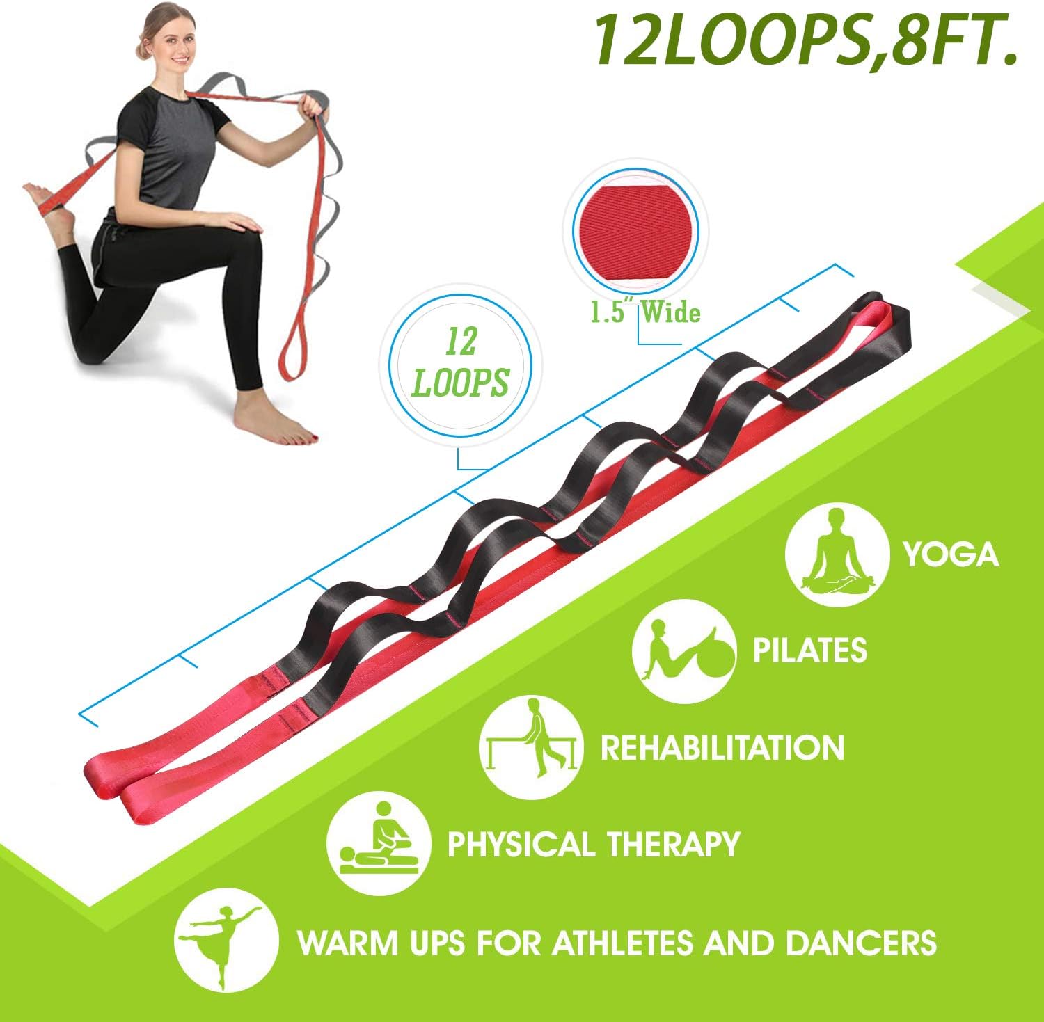 Yoga Strap Stretch Straps for Physical Therapy Pilates Stretching Exercise Bands Non-Elastic Multi Loops