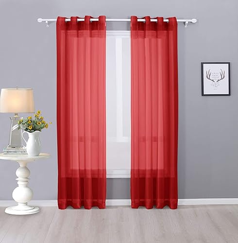 Interior Trends Ariana - Juego de 2 cortinas de gasa transparente totalmente cosida con ojales (84 pulgadas de largo, rojo)