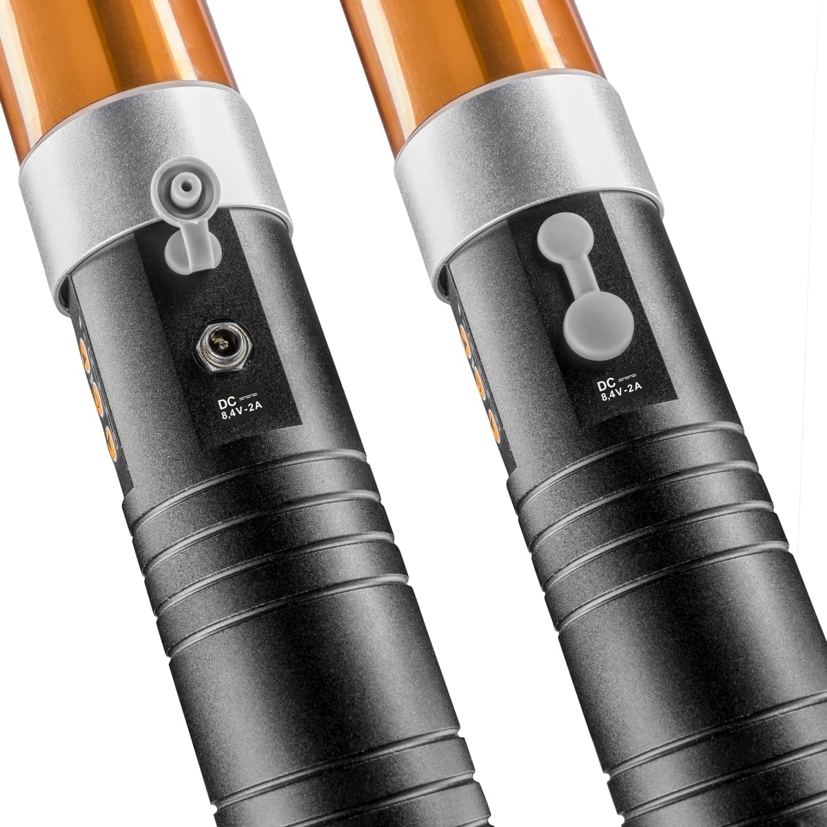 Close-up of the DC charging port on the Walimex pro Ice Sword 300 Plus, with a protective rubber cover.