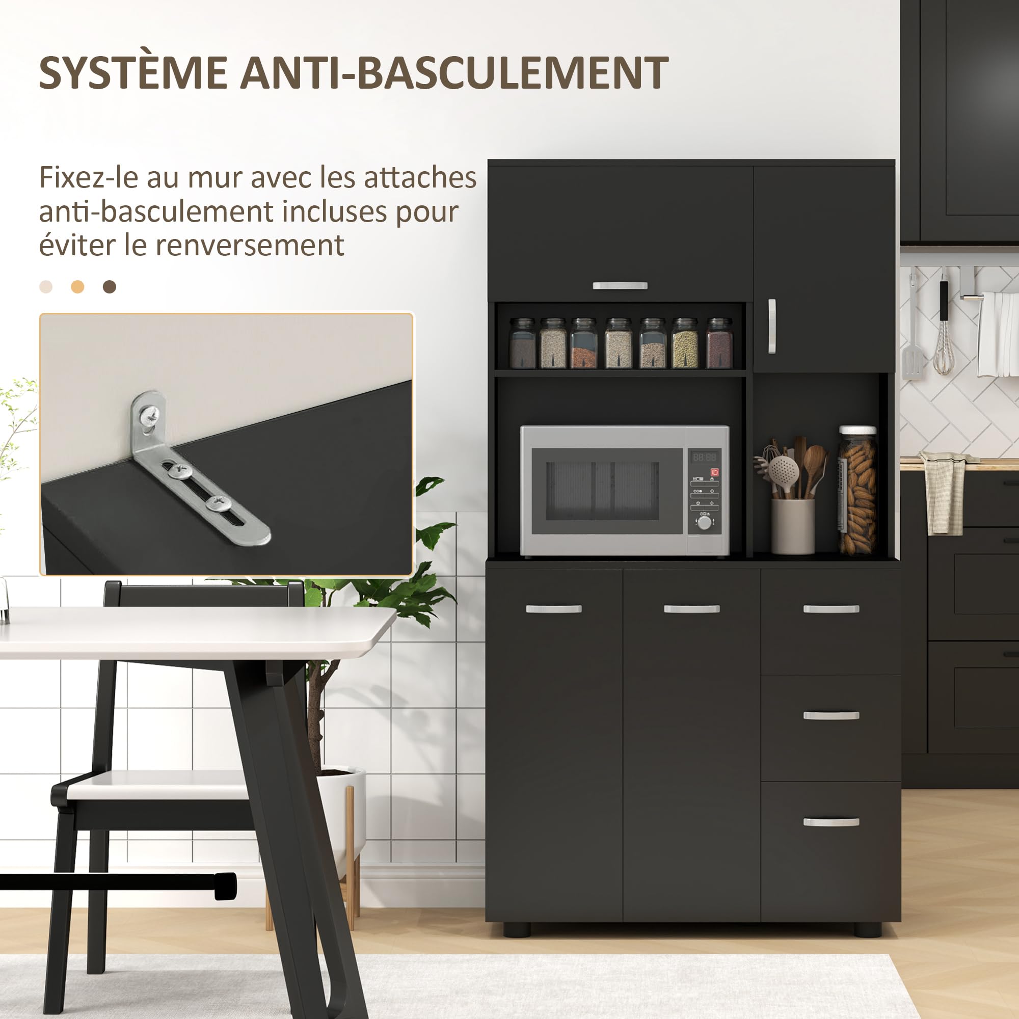 HOMCOM Armoire de Cuisine Multi-rangements 4 Portes 3 tiroirs étagère + Grand Plateau 89L x 39,5l x 168H cm Noir