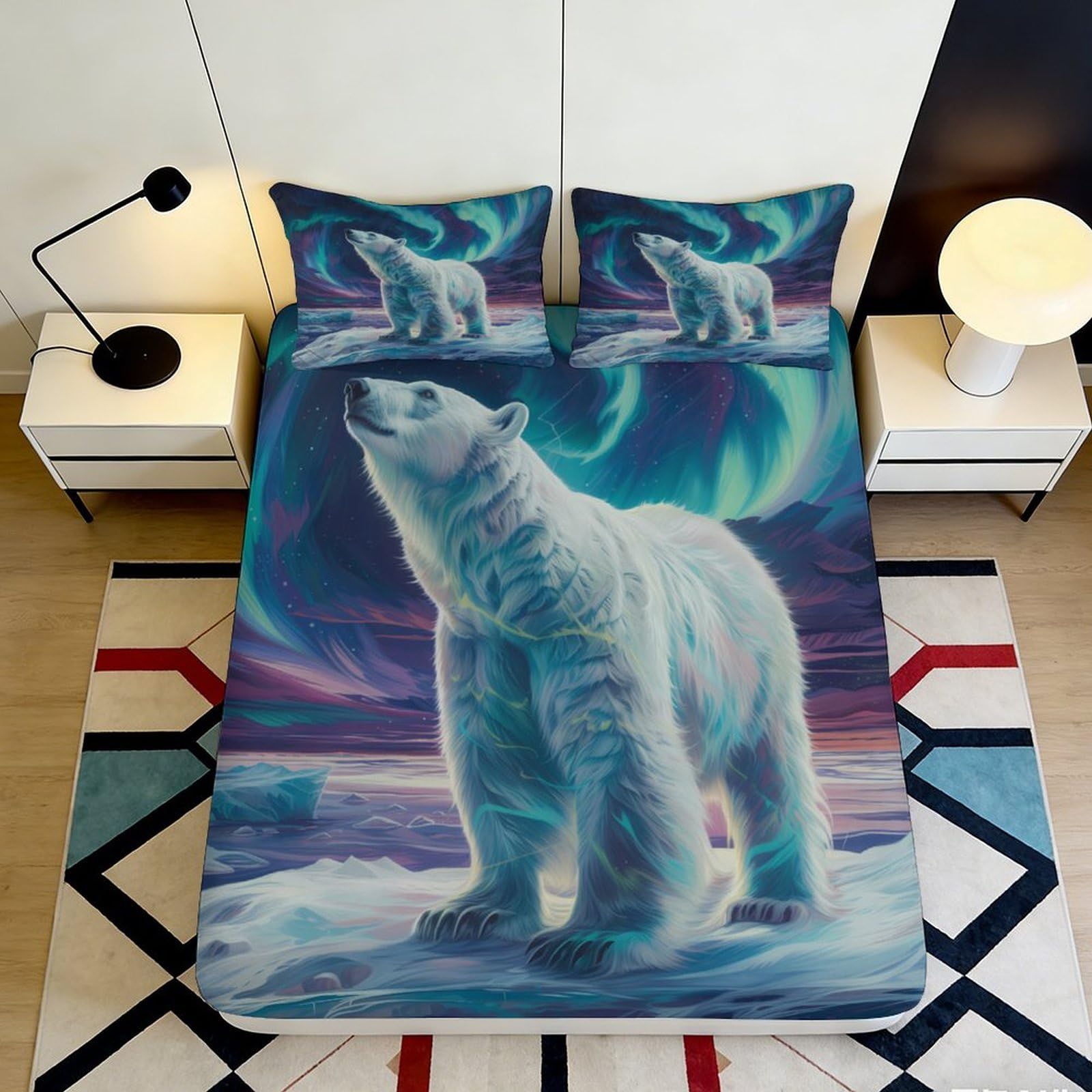3D Printed Polar Bear Northern Lights Fitted Sheet Microfiber Soft Durable Aurora Mattress Cover for Bedroom Dormitory Guest Room Protection 160x200x25cm