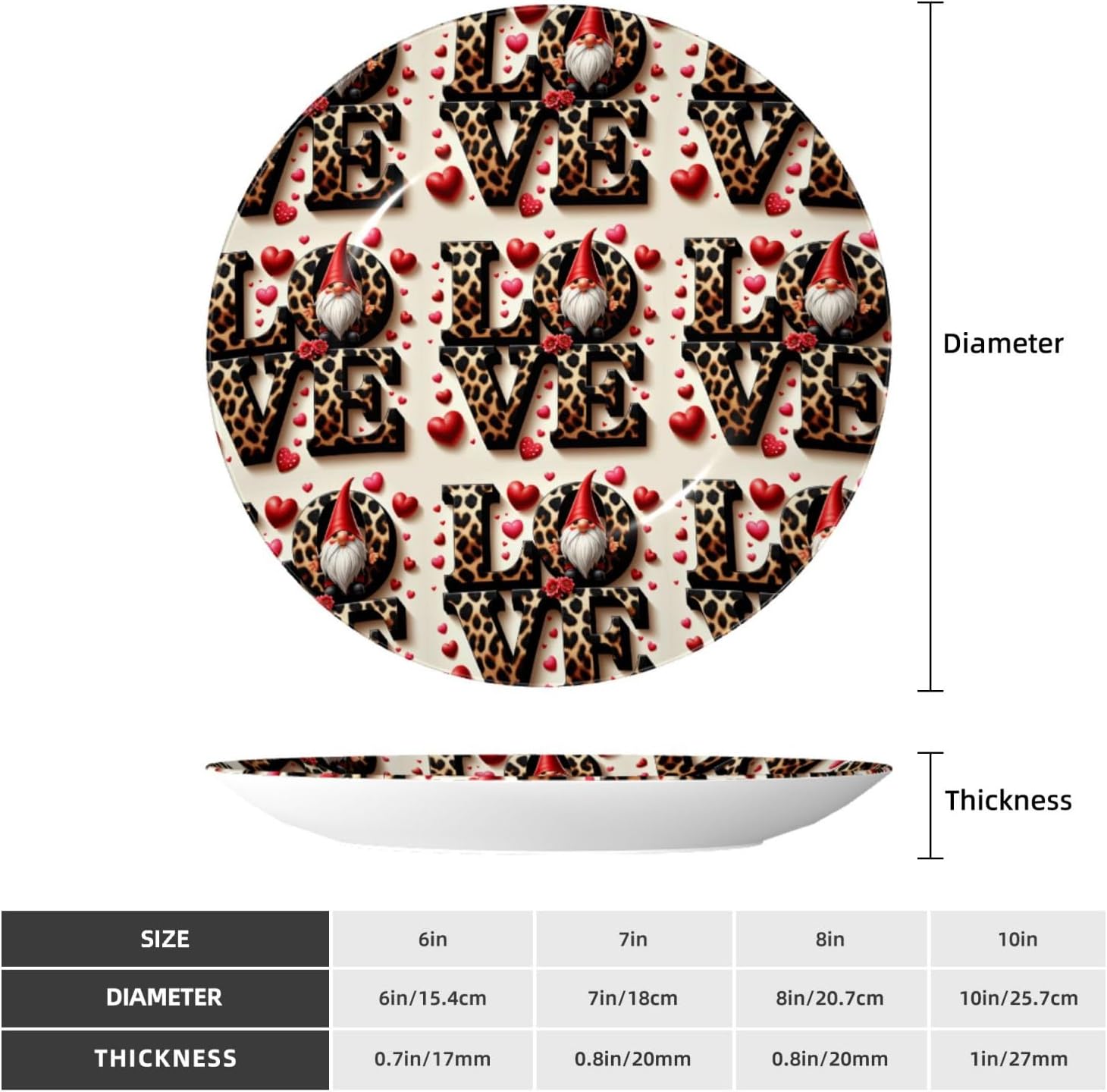 Leopard-Heart-Valentine-Gnomes 10 Inch Decorative Plate With Stand, Elegant Display Wall Plate For Home Decor