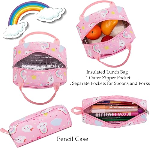 Miniatura 6 de Mochila de unicornio para niñas, mochila escolar preescolar para niñas, 3 en 1, juego de libros escolares con bolsa de almuerzo, bolsa para lápices