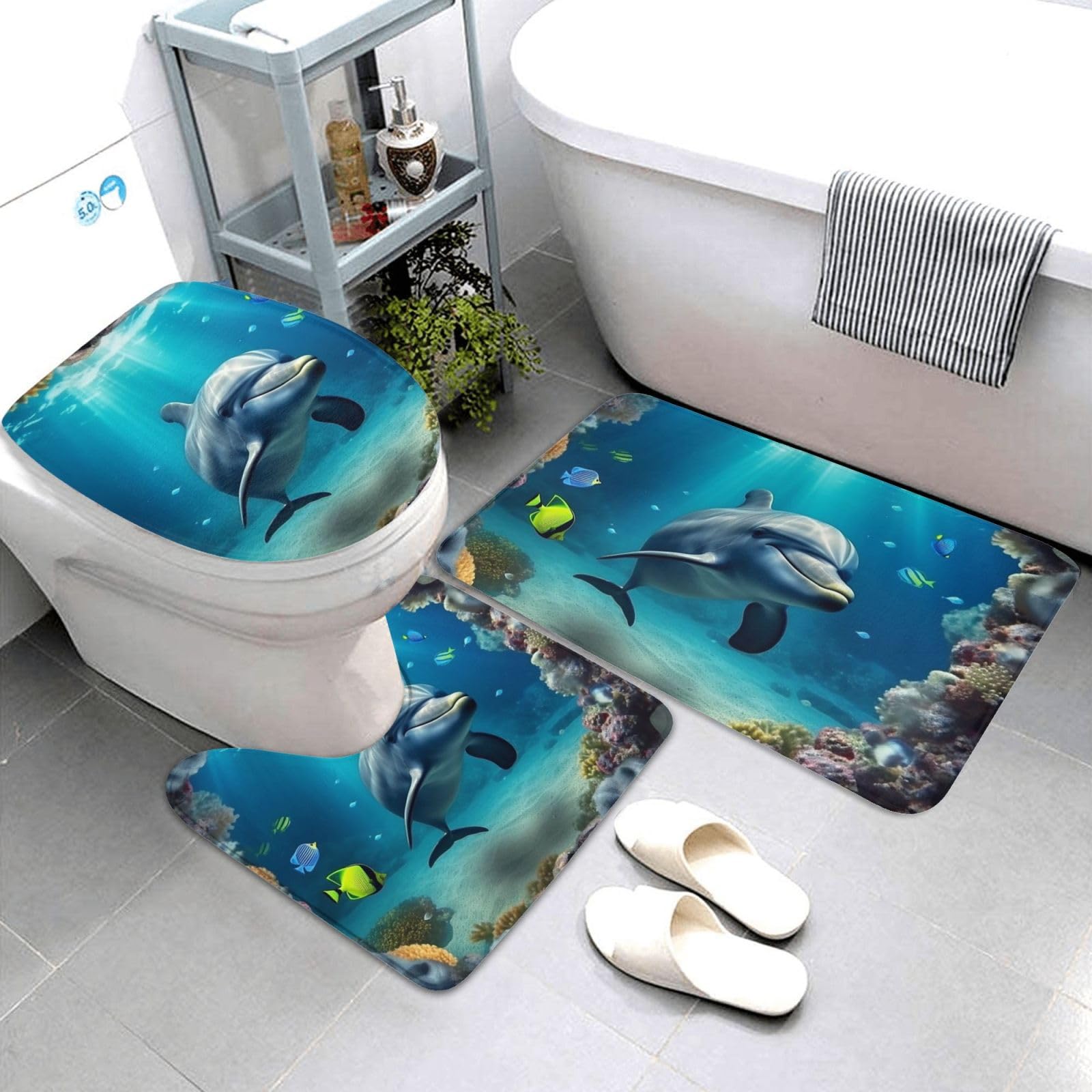 Dwrepo Underwater World Dolphin Print Bathroom Rug Set 3 Piece with Non-Slip U-Shaped Contour Mat and Toilet Lid Cover for Bathroom Decoration
