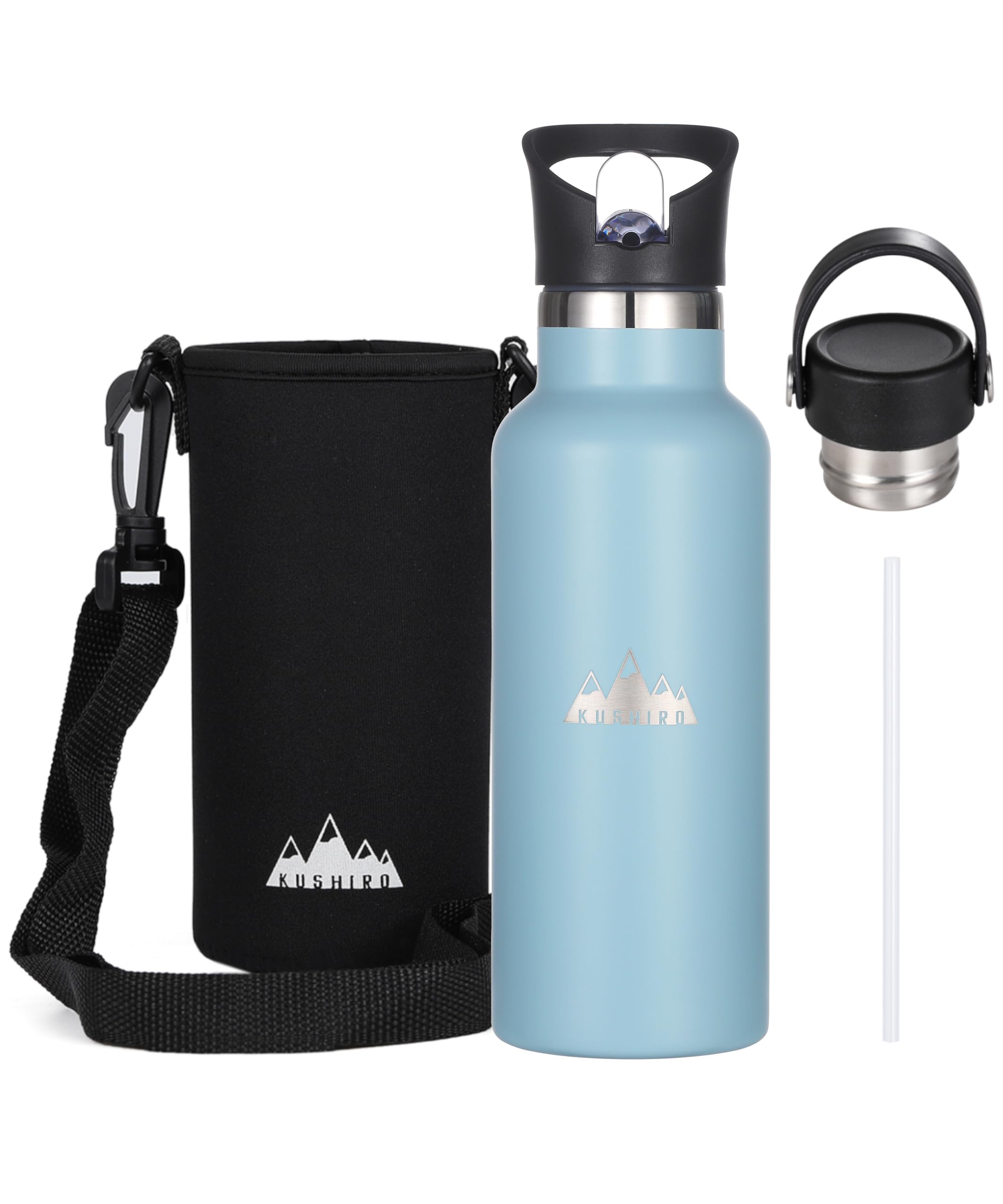 Kushiro Stainless Steel Water Bottle with Bag, Straw Lid, Reusable Vacuum Insulated Metal Drinks Flask