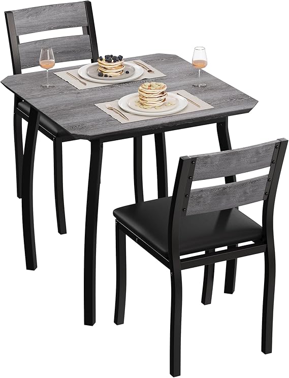 GarveeHome Dining Table Set for 2, Farmhouse 3 Piece Kitchen Table and Chair Set with Upholstered Chair, Metal Frame Dining Room Table and Chairs for Small Space, Apartment, Black+Grey