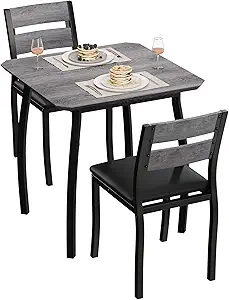 GarveeHome Dining Table Set for 2, Farmhouse 3 Piece Kitchen Table and Chair Set with Upholstered Chair, Metal Frame Dining Room Table and Chairs for Small Space, Apartment, Black+Grey