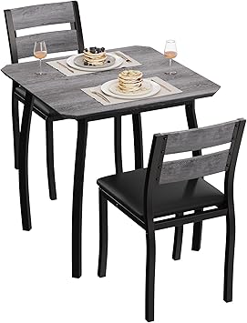 GarveeHome Dining Table Set for 2, Farmhouse 3 Piece Kitchen Table and Chair Set with Upholstered Chair, Metal Frame Dining Room Table and Chairs for Small Space, Apartment, Black+Grey