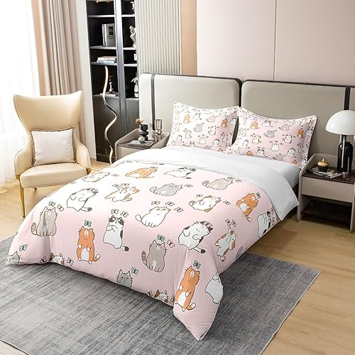 Miniatura 2 de Erosebridal Funda de edredón de dibujos animados de gatos 100% algodón, juego de ropa de cama Kawaii con diseño de gato y mariposa para niñas, niños