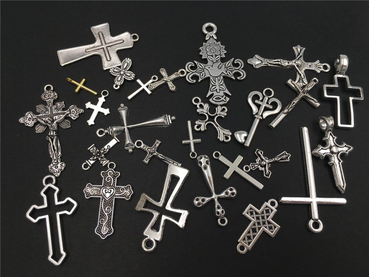 Yansanido Pack of 25 pcs Mixed Antique Silver Crosses Charms Pendants for Making Bracelet and Necklace (25 pcs Mixed Antique Silver Crosses)