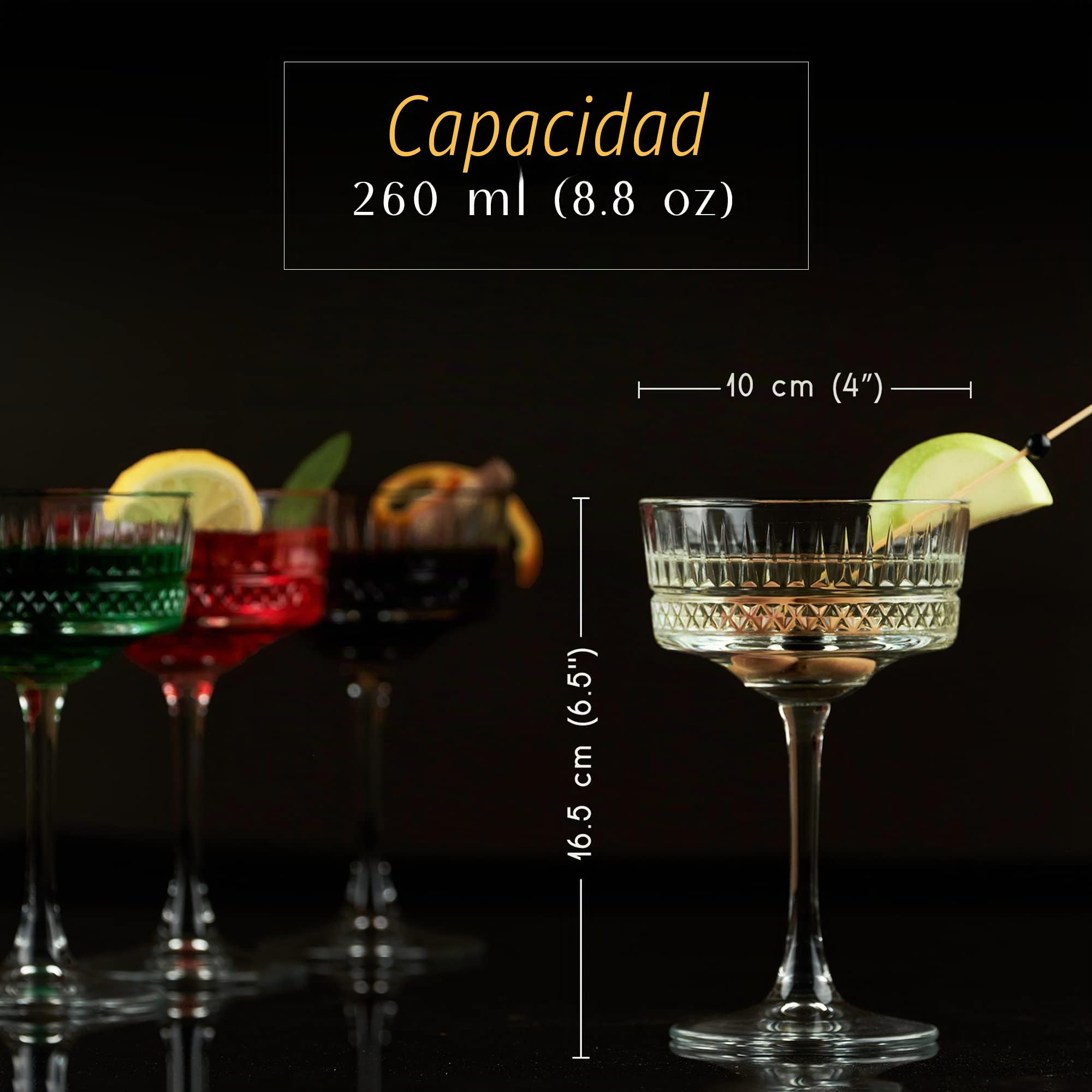 Juego de 4 copas vintage de copé, champán, cóctel, martini, copas de vino, cristalería de tallo largo (260 ml) (4 piezas)