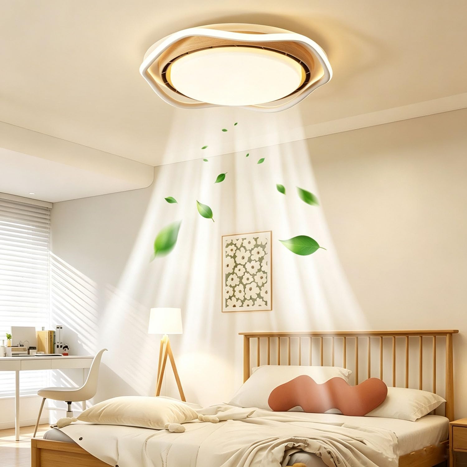 Piptyllite Invisible Bladeless Ceiling Fan Light, Silent Full-Spectrum LED for Bedroom Main Room,Beige