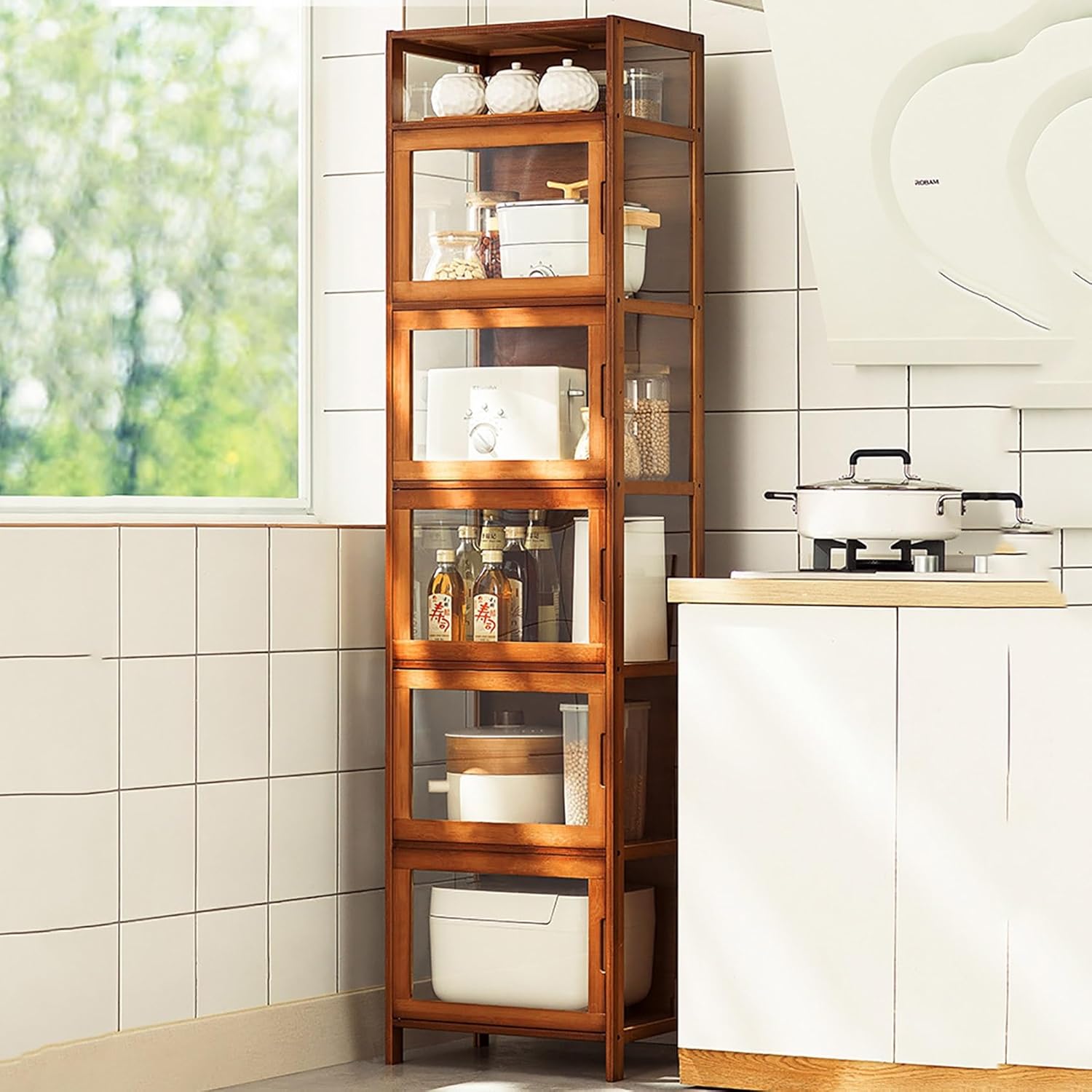 Display Cabinet, Glass Display Cabinet, Showcase Storage Box Locker, Width: 43X32CM, Cabinet Doors can be Flipped and hovered, Easy to Clean-Brown/Gray (Color : A)