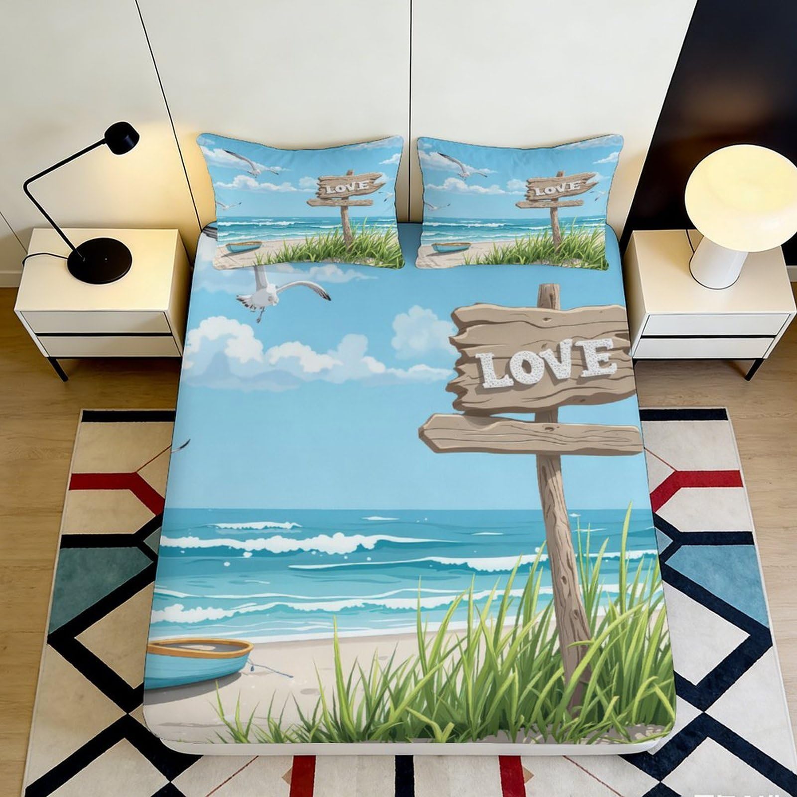 3D Printed Beach Ocean View Fitted Sheet Microfiber Soft Seaside Love Sign Mattress Cover for Bedroom Decor 140x200x25cm