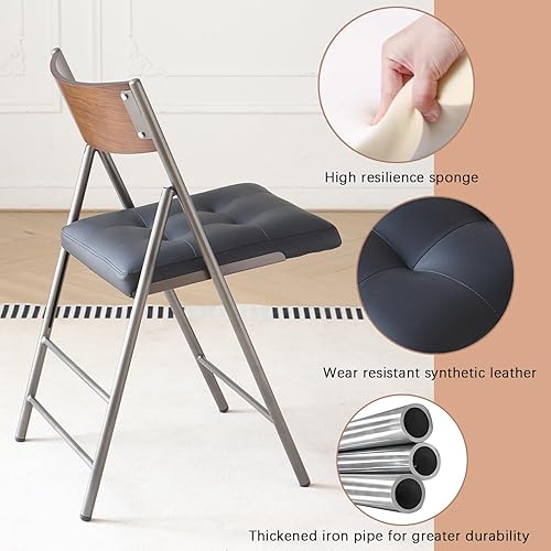 Miniatura 6 de Sillas plegables, asientos acolchados de cuero, marco de acero resistente, juego de 2, uso en interiores y exteriores (negro)