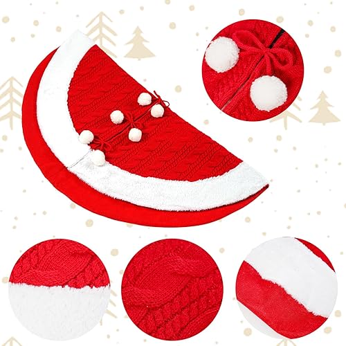 Miniatura 7 de Falda de árbol de Navidad con sombrero de Papá Noel, piel sintética blanca y diseño de punto rojo, falda de árbol de Navidad de 48 pulgadas, faldas