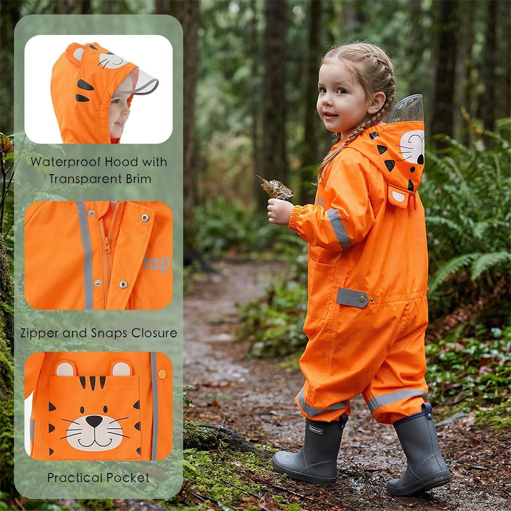 Toddler Kids Rain Suit with Hood - Waterproof Coverall One Piece for Kids (1-9 Years)