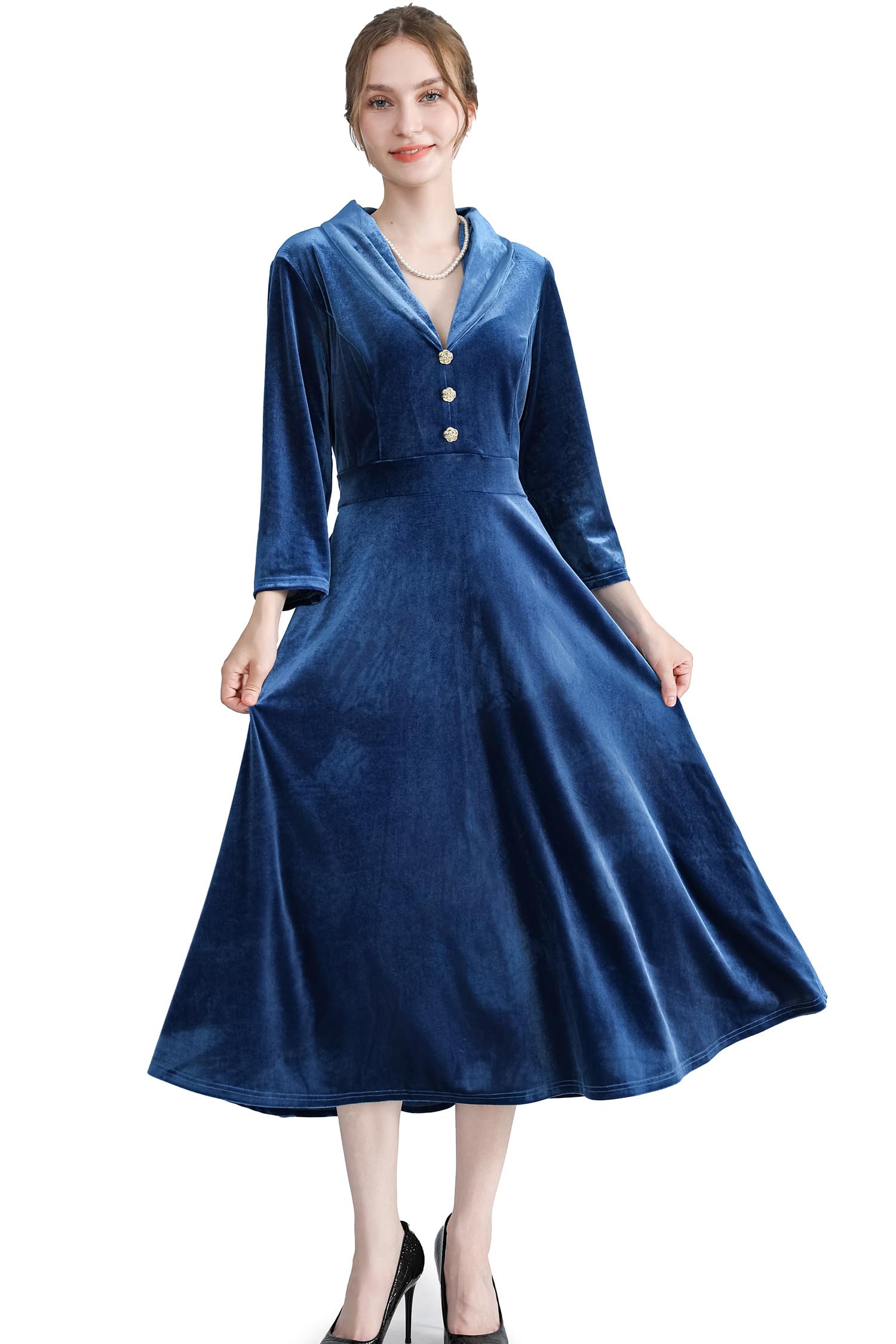 AXOE Femme Robe Velours Elegant Vintage Midi Manches 3/4 Vêtements Hiver Soiée Fete Mariage Invité