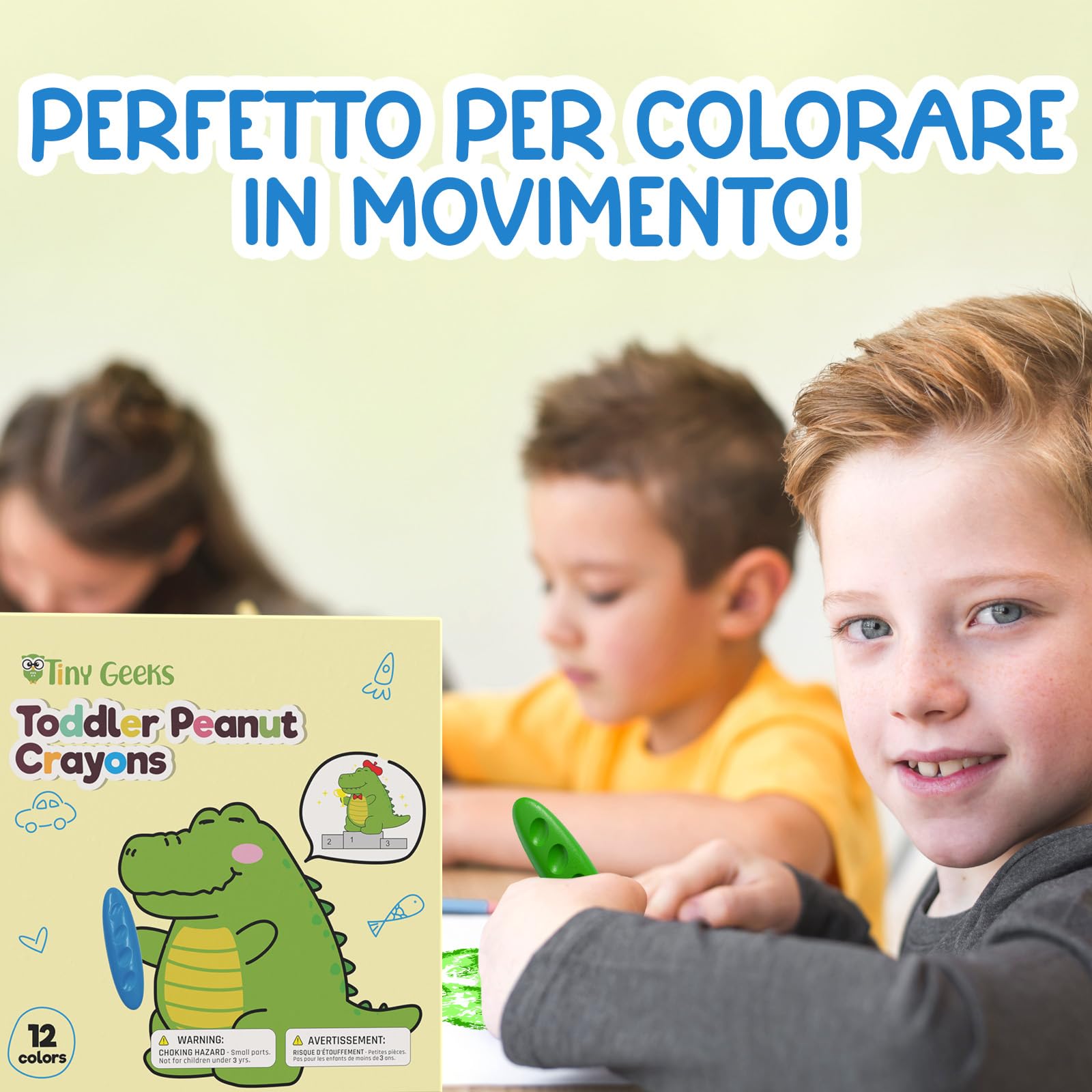 12 Pastelli Bambini 2 Anni + Forma Ergonomica Arachidi + Crayon per Bambini 1-3 Anni | Colori che non sporcano | Pastello a Razzo e Facili da Impugnare | Pastelli a cera