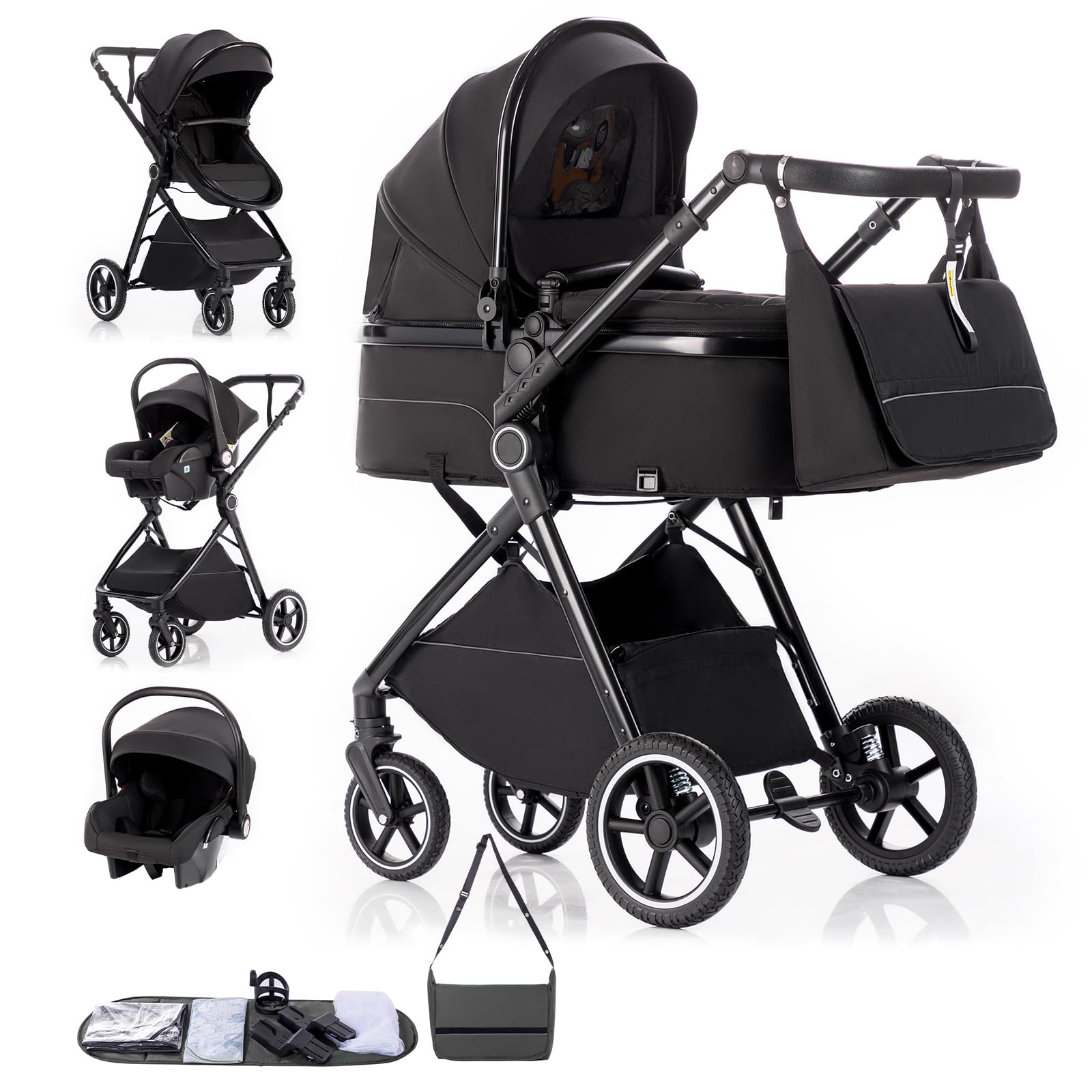 Gcarebb 3 in 1 Kinderwagen Reisesystem, Buggy mit höhenverstellbarem Griff, Reisewagen mit Regenschutz, Baby-Kinderwagen mit Aluminiumrahmen für Neugeborene