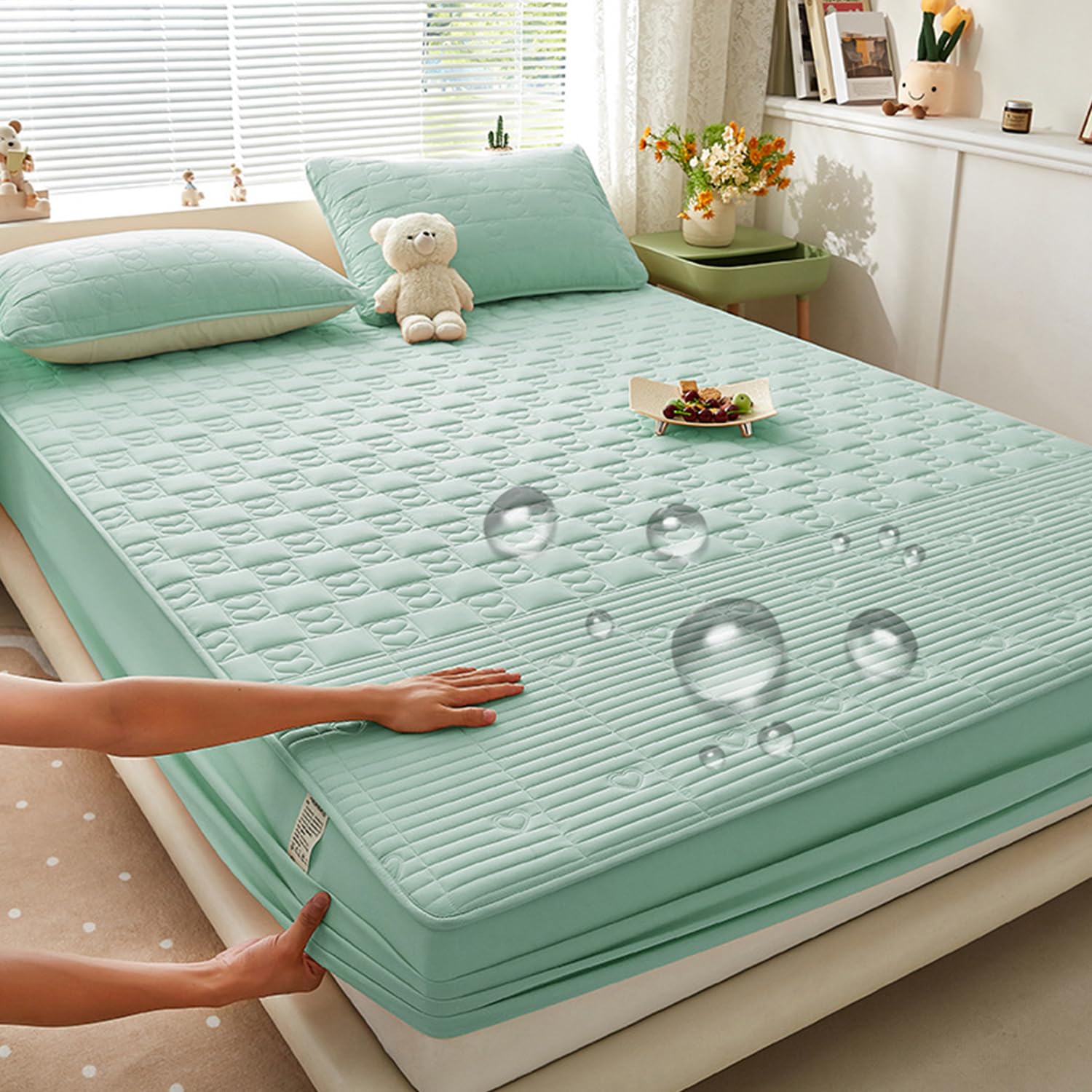 LDLCYCN ,A/green,150 * 200cm/QUEEN, 100% Waterproof Mattress Protector Cover Queen Size Quilted Fitted Sheet