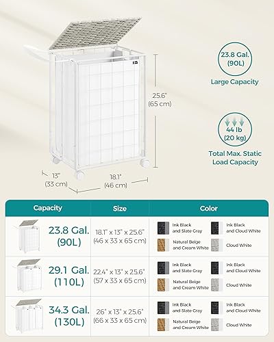 Miniatura 7 de SONGMICS Cesta para la ropa sucia, cesta de lavandería de 110 litros con tapa, cesta de ropa con ruedas, bolsa plegable extraíble, clasificador de