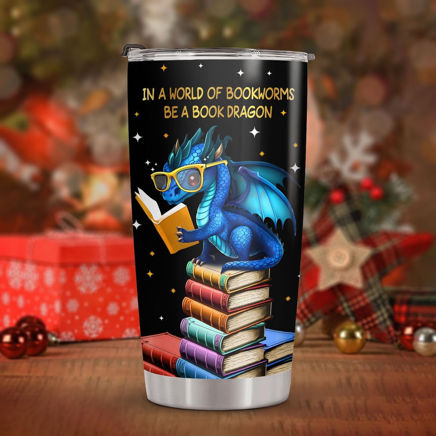 34HD Book Dragon Tumbler with Lid, 20oz Stainless Steel Vacuum Insulated Dragon Coffee Mug, Book Lover Gifts for Birthday Christmas Back To School, Bookworm Gifts for Women, Bookish Items - Image 3