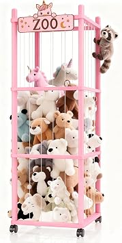 Stuffed Animal Storage Zoo Tower,56In Wooden Large Stuffed Animal Holder Organizer with Wheels,Stuffy Plushies Storage with Elastic Band&Mesh Bottom,Toy Organizers for Playroom NurseryPink