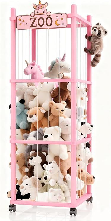 Stuffed Animal Storage Zoo Tower,56In Wooden Large Stuffed Animal Holder Organizer with Wheels,Stuffy Plushies Storage with Elastic Band&Mesh Bottom,Toy Organizers for Playroom Nursery(Pink)