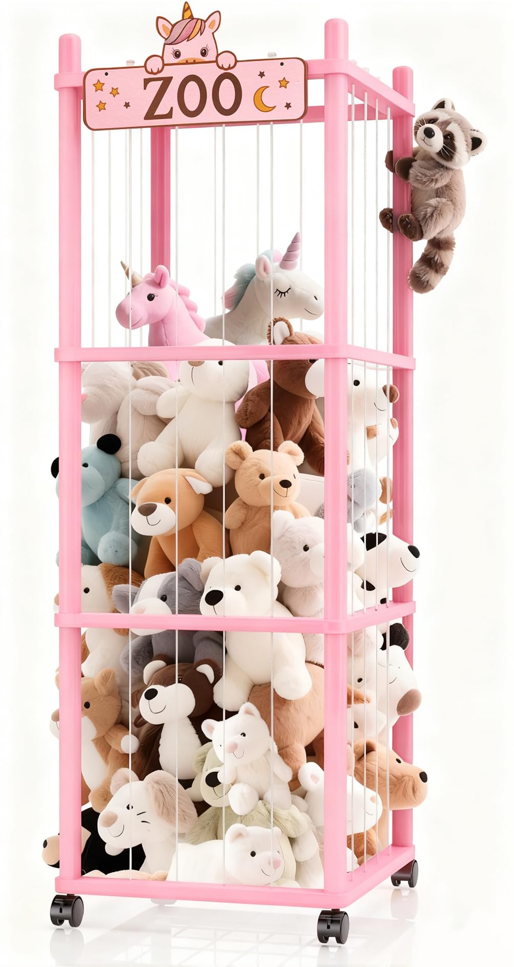Stuffed Animal Storage Zoo Tower,56In Wooden Large Stuffed Animal Holder Organizer with Wheels,Stuffy Plushies Storage with Elastic Band&amp;Mesh Bottom,Toy Organizers for Playroom Nursery（Pink）