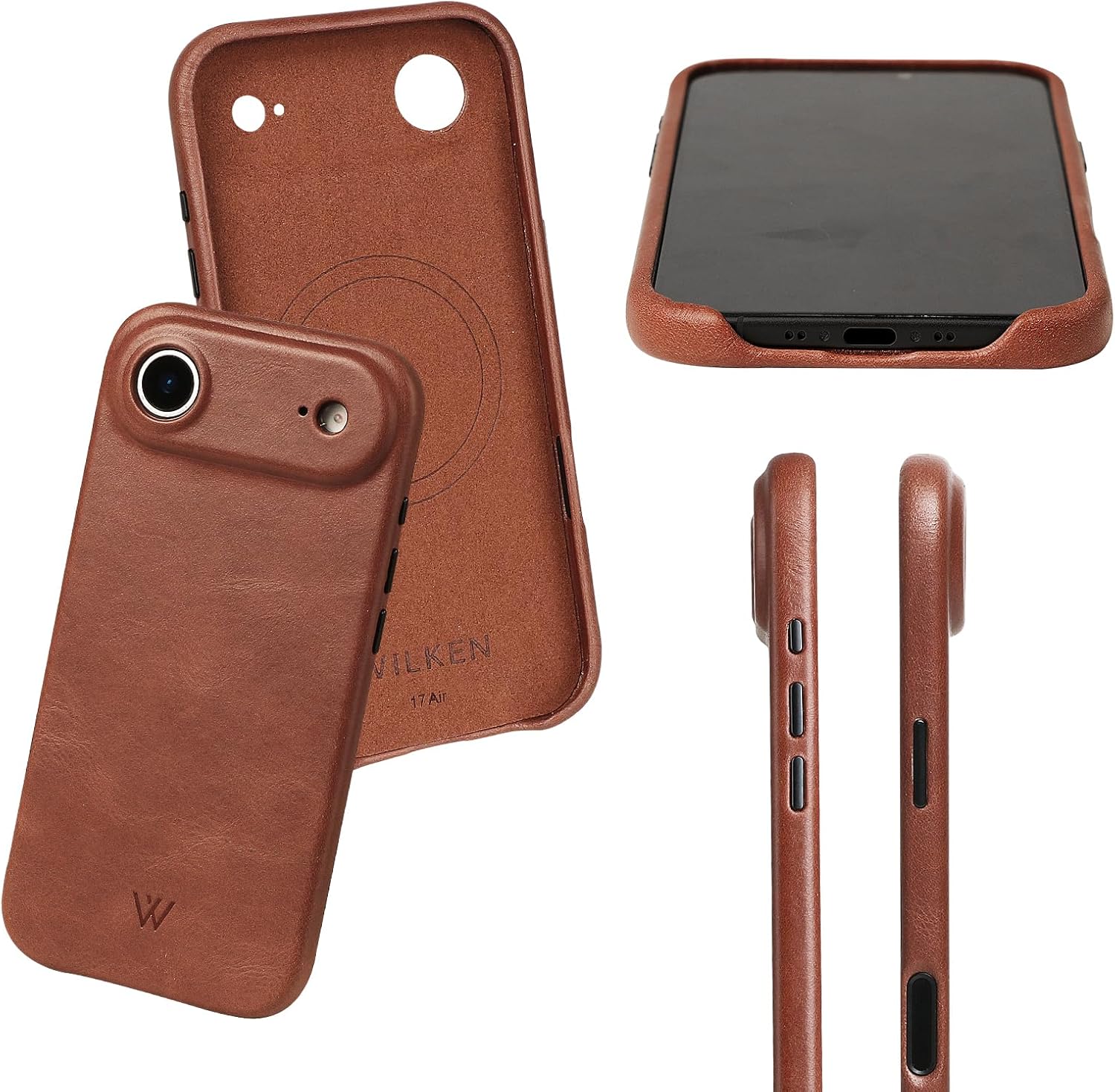 Wilken Leather Wrapped Case Compatible with iPhone 17 Air | Compatible with MagSafe and Wireless Charging | Top Grain Leather | Custom Metal Button Controls (17 Air, Brown) - Image 2