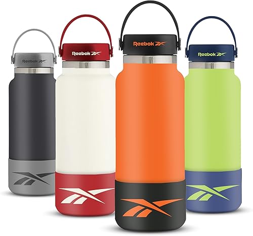 Reebok Botella de agua de acero inoxidable con asa y diseño atlético, botella de agua aislada de 40 onzas, botella de agua deportiva aislada al