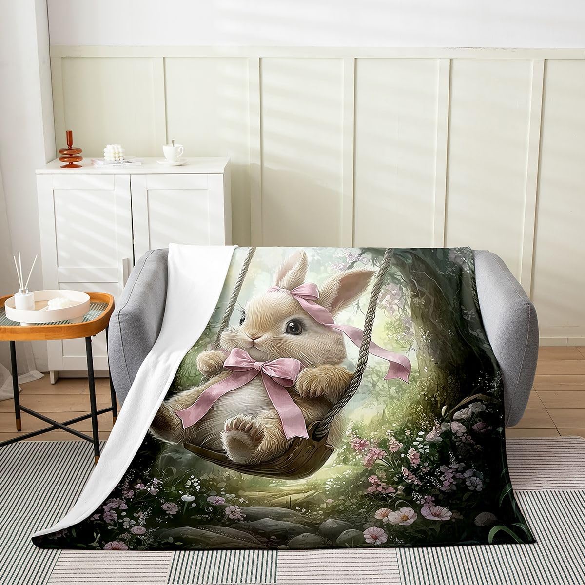 Castle Fairy Cute Rabbit Bed Throws,Spring Botanical Natural Flowers Throw Blanket for Kids Boys Gift,Pink Bowknot Easter Lightweight Blanket for Sofa,Baby Size (30 x 40 Inch)