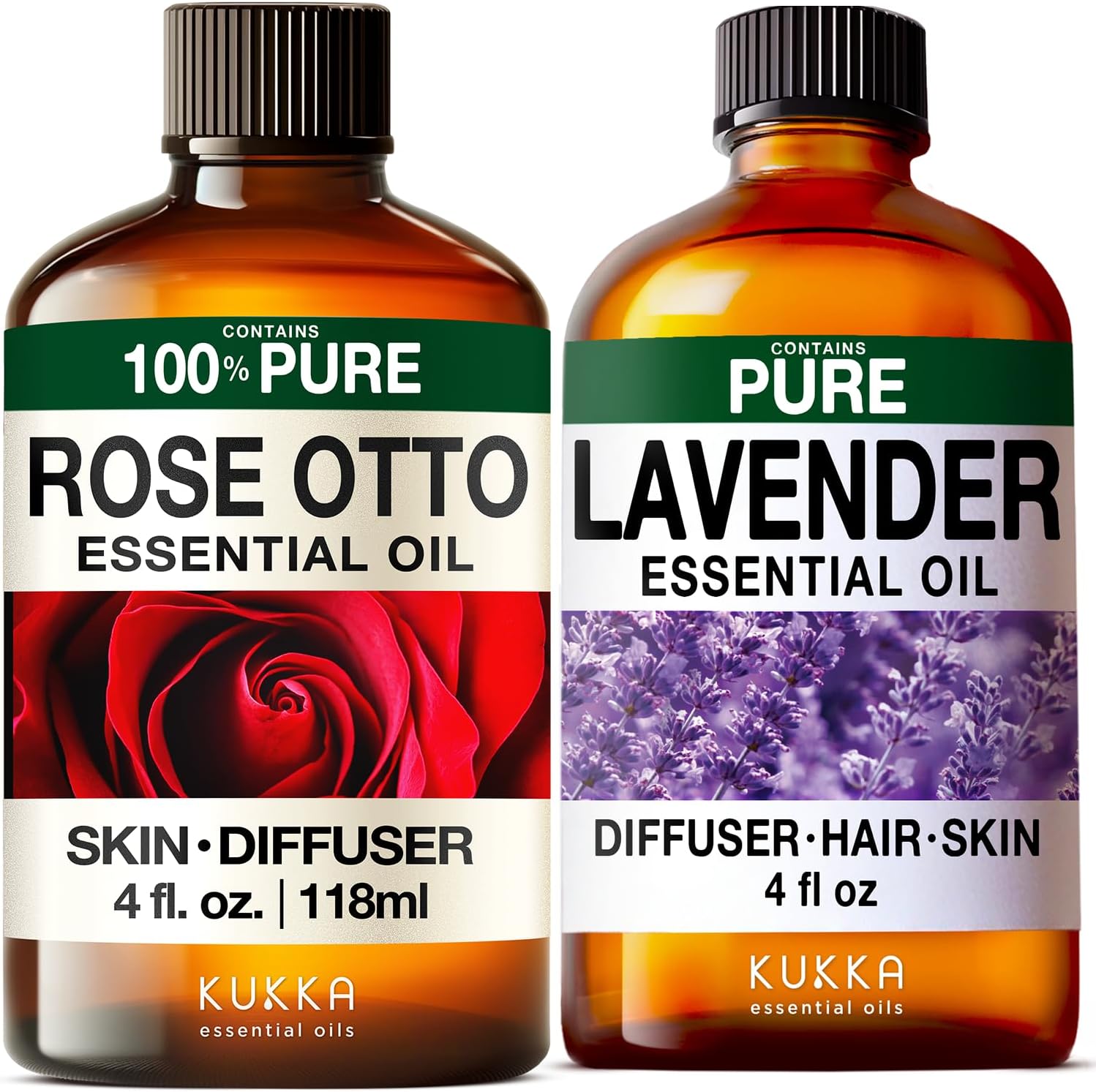 Rose Essential Oils for Skin Use & Lavender Essential Oil for Diffuser - Aromatherapy Grade Essential Oils Set - 2x4 fl oz - Kukka
